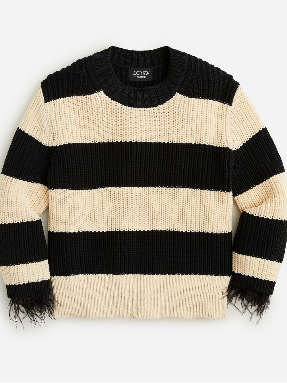 J.Crew Collection Feather Trim Sweater Black Cream Striped BO153 S NWT